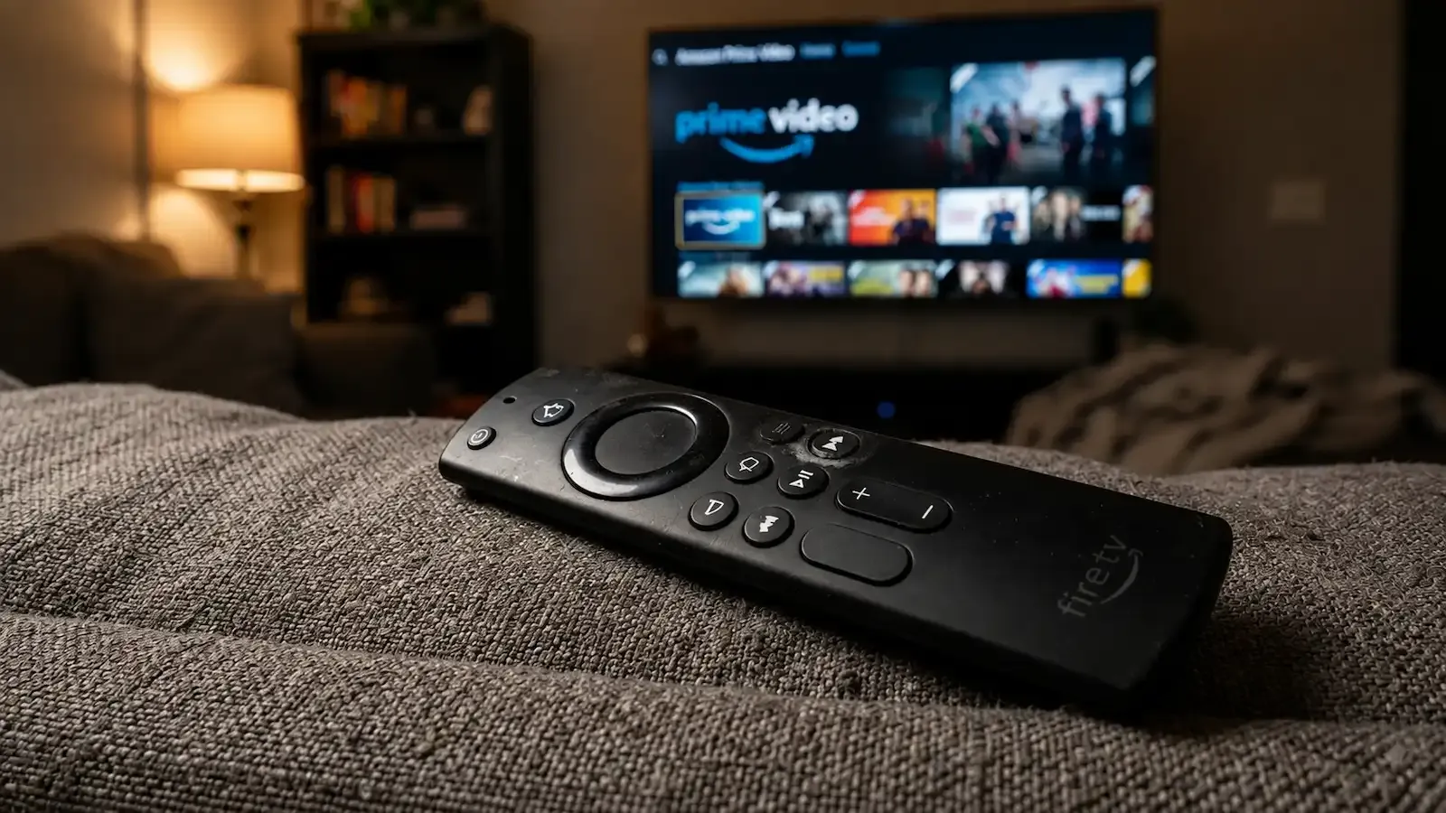 TV remote lying on the sofa with a worn-out fast-forward button.