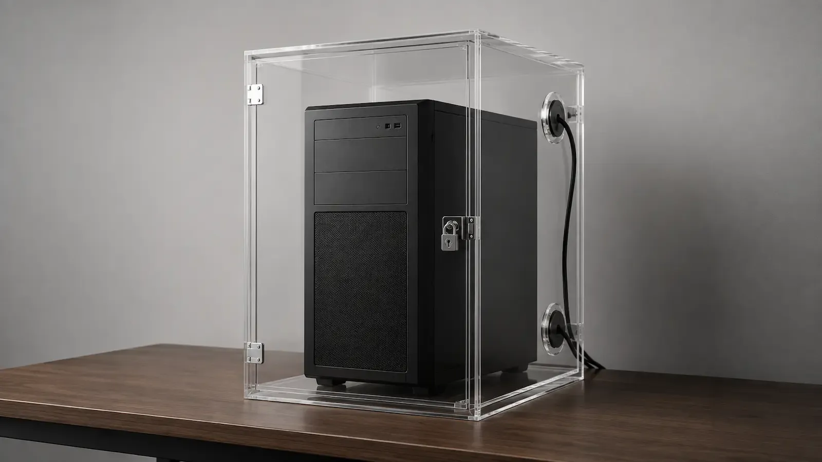 Black desktop PC enclosed in a clear acrylic security case with a small padlock, sitting on a wooden desk with cables passing through sealed openings.