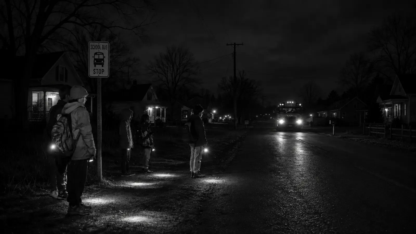 Black-and-white photograph of children waiting at a school bus stop in darkness, holding flashlights.