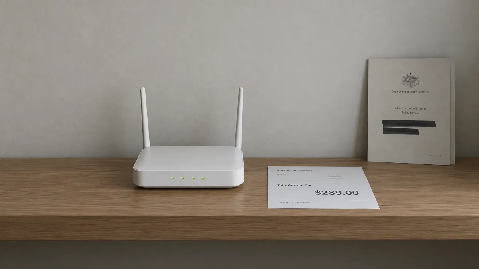 A white Wi-Fi router with four green status lights sits on a mostly empty wooden desk beside a broadband bill, with a redacted government report in the background.