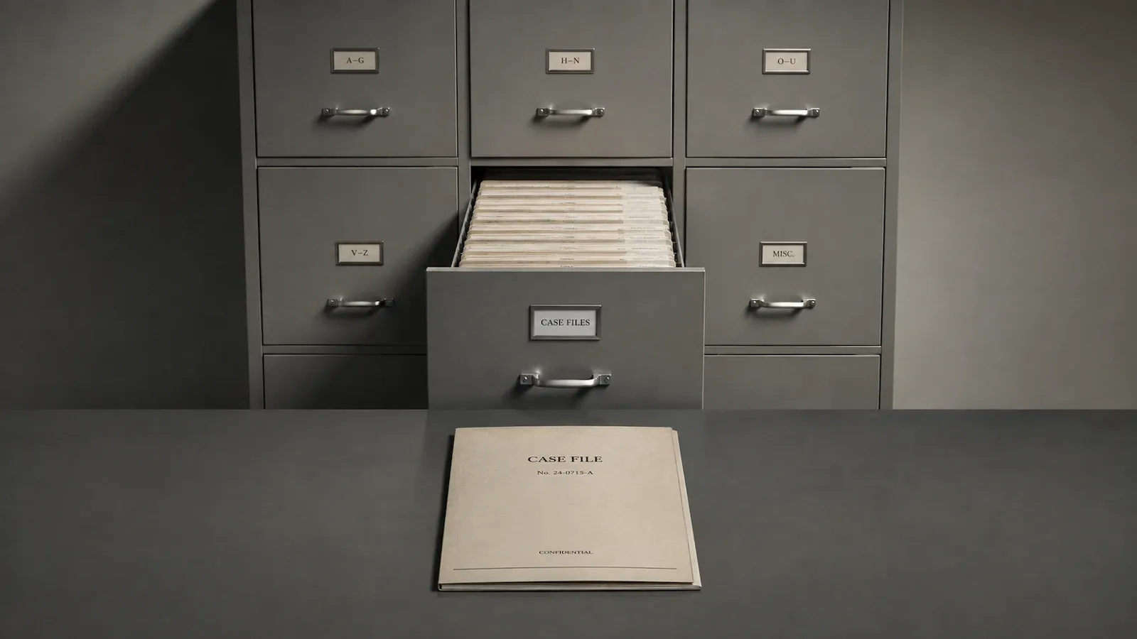 Grey steel filing cabinets with one drawer open and packed with case folders, while a single case file sits on an otherwise empty desk in front.