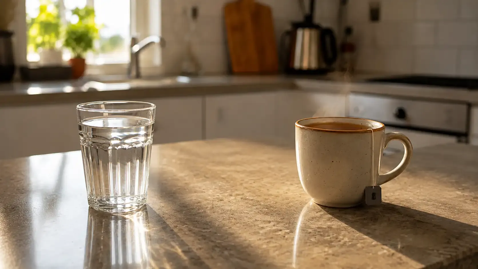 A glass of water and a mug of tea standing side by side on a kitchen counter.